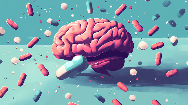 Brain pills impact: medication affects cognitive function effectively. Biological Influence. Illustration