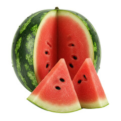 fresh watermelon with slices isolated on transparent background, PNG, cutout