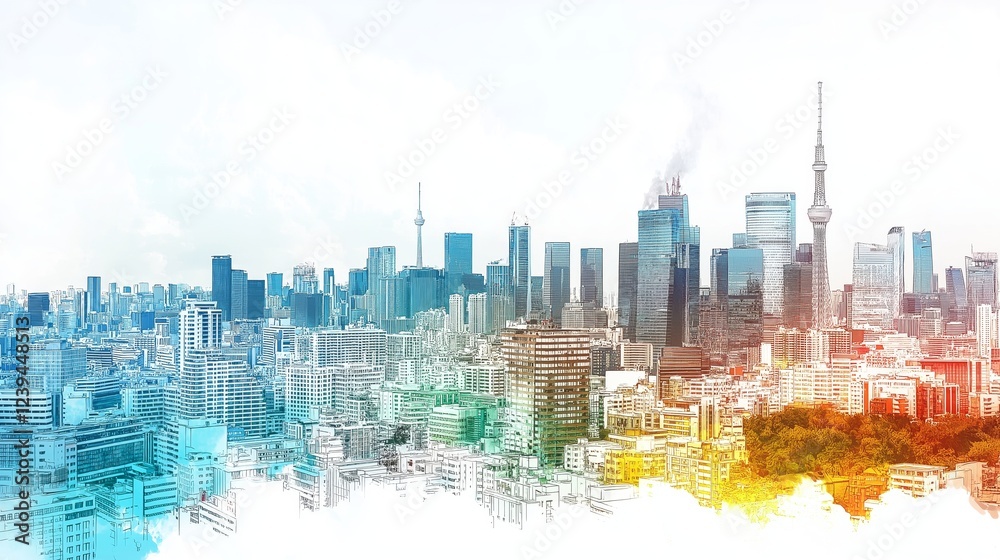 Poster modern city skyline with colorful abstract architecture effect, symbolizing urban development, futur