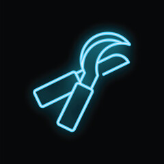 Blue neon sign of a pair of secateurs glowing brightly on a black background