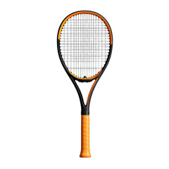 A tennis racket featuring a sleek design with orange accents, highlighting its strings and grip for optimal performance on the court, Transparent background.