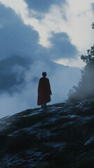 wandering in the forest fog man in coat