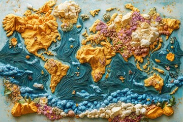 Intricate relief sculpture depicting a world map with textured representations of continents and oceans crafted from colorful materials showcasing a unique artistic interpretation
