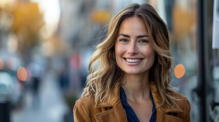 Fototapeta premium Empowered female in a sleek suit, smiling happily while looking to the side, in an urban outdoor environment