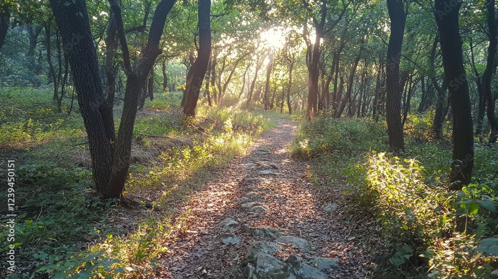 Poster soft rays of sunlight illuminate a tranquil forest trail, lined with lush greenery and stones. this 