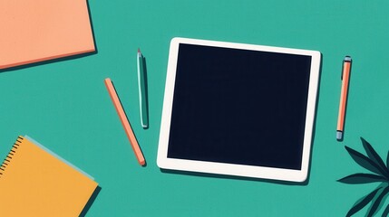 A flat lay of a tablet surrounded by stationery items on a teal background, showcasing a creative workspace.