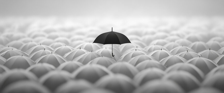 A single black umbrella stands out in a crowd of white umbrellas. This image symbolizes individuality and uniqueness amidst conformity and uniformity.