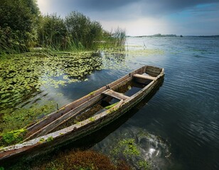 Obraz premium wooden boat partially submerged in the water with moss and lily pads on the shore partially submerged distressed boat