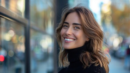 Empowered female in a sleek suit, smiling happily while looking to the side, in an urban outdoor environment