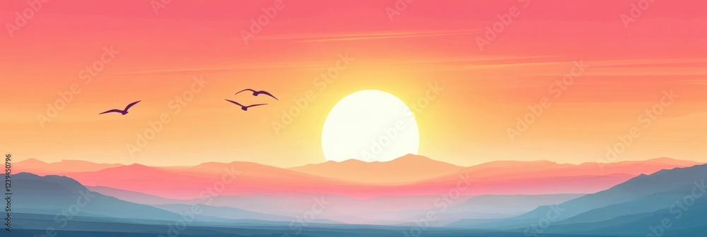 Poster stunning sunset over mountains with flying birds creating a serene landscape at twilight. generative