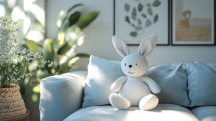 Plush bunny sits on sofa, sunlit room
