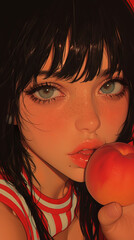 woman eats juicy peach 