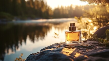 Capturing the essence of nature's aroma, a perfume bottle rests on a rock beside a tranquil lake at sunset, highlighting the beauty of the golden hour and serene surroundings
