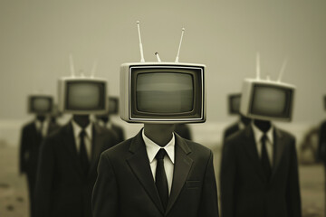 A Dystopian Vision of Businessmen with Television Screens for Heads, Representing the Power of Media, Conformity, Mass Influence, and the Struggle Between Individuality and Control.
