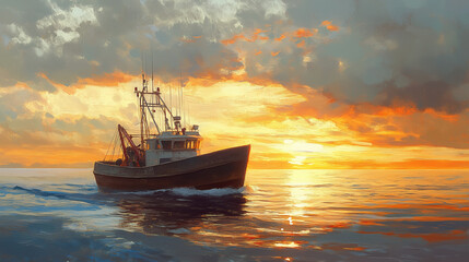 Obraz premium Fishing Trawler at Sea During Golden Hour, with a Calm Ocean and Soft Hues in the Sky Creating a Peaceful and Serene Maritime Setting