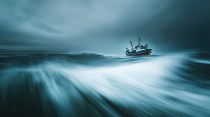 Fishing Trawler Sailing Across the Rough Sea, with Blurred Waves Crashing and a Dark, Overcast Sky Above, Creating a Powerful and Intense Maritime Scene