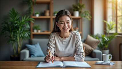 Young woman studying at home.  Happy student enjoying work life balance. Notebook and pencil. Cozy home office.