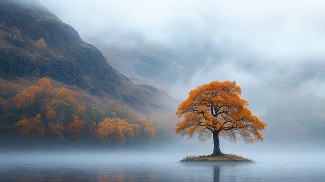 A Solitary Tree Standing in the Mist of an Early Autumn Morning. -