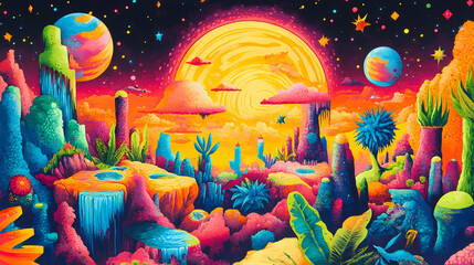 Colorful cosmos with pop art and graffiti elements, featuring surreal landscapes and fantastical creatures. graffiti pop. illustration. Surreal Elements. Illustration