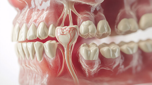 Close-up illustration of jaw anatomy with a wisdom tooth emerging, showcasing nerves and muscles impacted by dental health, blending art and medical science.