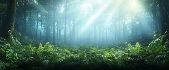 Obraz premium Sunbeams in misty forest, ferns, tranquil scene
