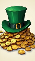 Celebrate St. Patrick's Day with this vibrant illustration of a green leprechaun hat atop a pile of golden coins, symbolizing luck and prosperity. Perfect for festive promotions!