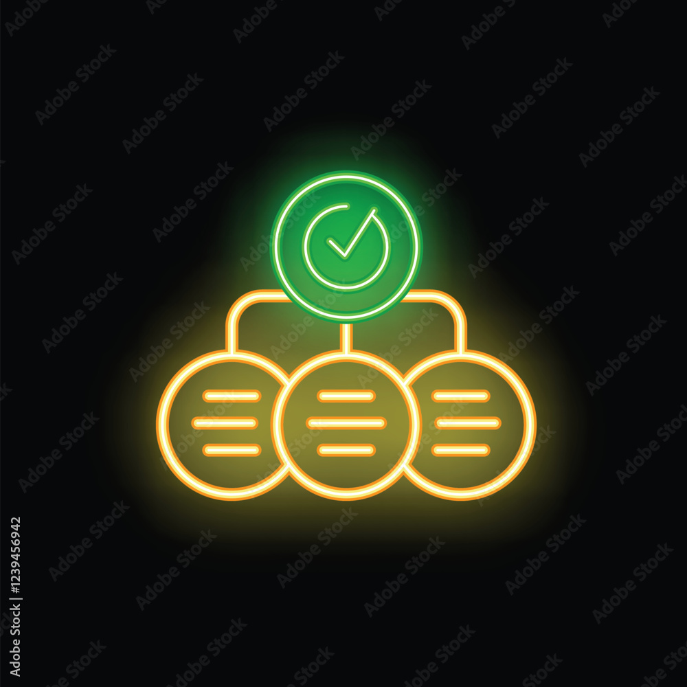 Poster neon sign depicting a hierarchical chart with a validation symbol above it, showing a validation con