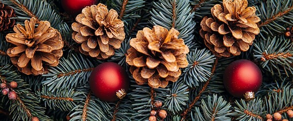 Fototapeta premium Festive Christmas arrangement pine cones, red ornaments, and fir branches