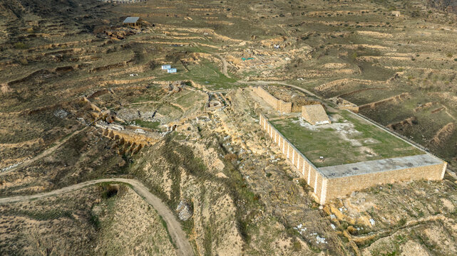 Aerial View of Ancient Ruins Augusta Bilbilis in northern Spain on a Hillside