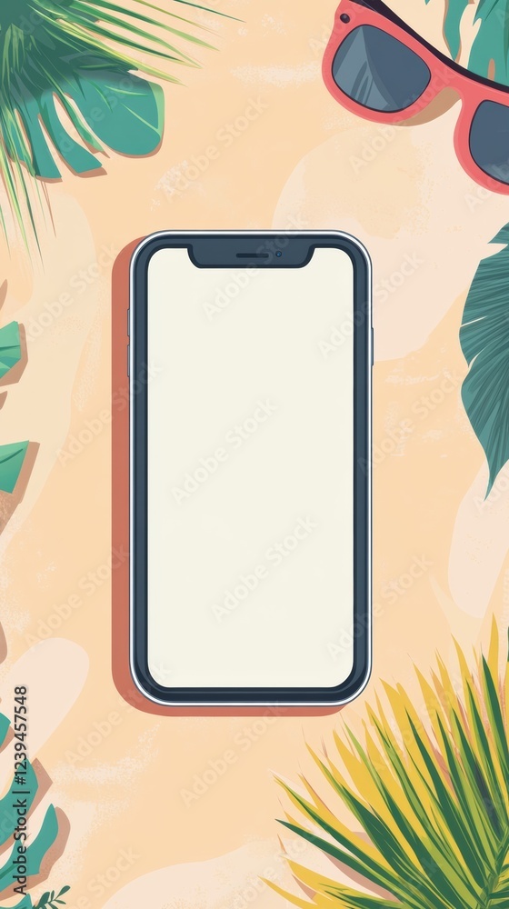 Aufkleber Relaxing summer vibes with a smartphone surrounded by tropical greenery and sunglasses. Generative AI