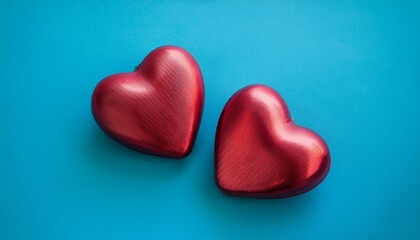 Obraz premium two red heart shapes resting on a light blue surface