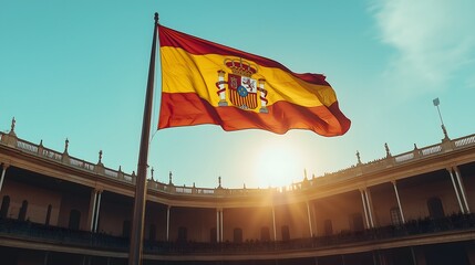 Spanish flag waves in the wind at sunset beside a historic bullring in Spain