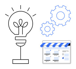 Large light bulb symbolizing innovation, two blue gears for process and improvement, e-commerce storefront web page. Ideal for creativity, problem-solving, technology, online business, digital