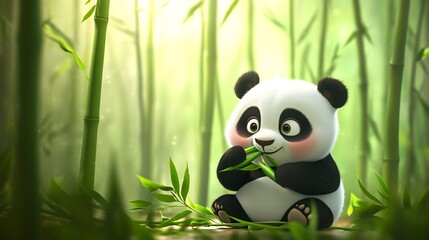 Naklejka premium A cute cartoon panda munching bamboo in a peaceful bamboo forest
