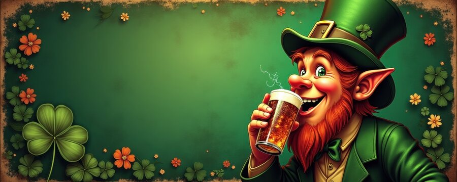 Celebrate St. Patrick's Day with this vibrant illustration of a cheerful leprechaun enjoying a pint of beer, perfect for festive promotions or themed events.
