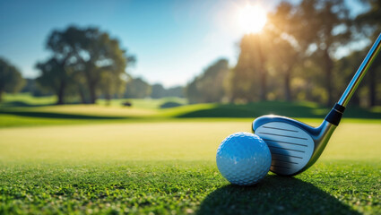 golf ball and a golf club on a grassy field. The golf ball is white and appears to be in the process of being hit by the club. The club is black and silver in color and has a long shaft.