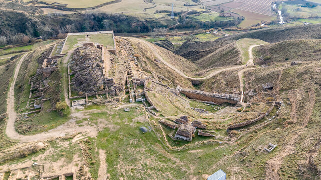 Aerial View of Ancient Ruins of Augusta Bilbilis in northern Spain on a Hillside