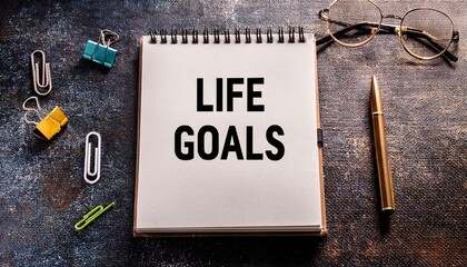 blank notebook with life goals text on a textured background