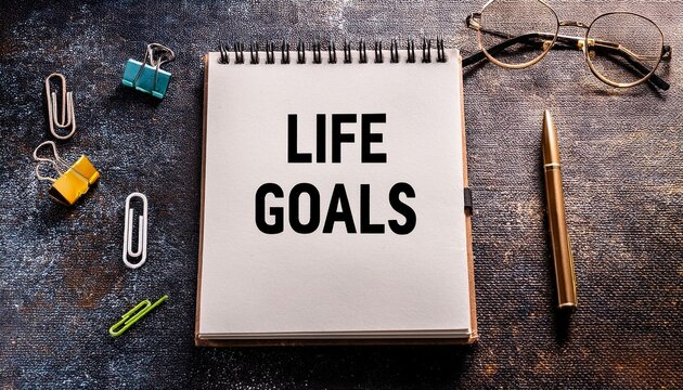 blank notebook with life goals text on a textured background
