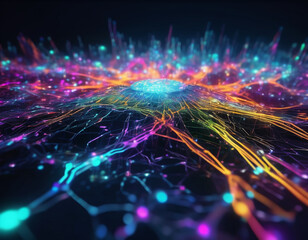 Obraz premium An abstract depiction of interconnected glowing nodes and lines radiates from a bright center. The colorful network suggests connectivity, data flow, and technology, suitable for a technology company.