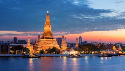 bangkok s skyline at dusk with wat arun temple