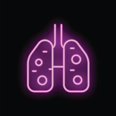 Bright pink neon sign in the shape of healthy human lungs glowing on a black background