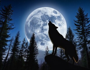 wolf howling under full moon in serene forest at night