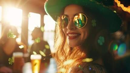 Joyful woman in a green hat and sunglasses, surrounded by shamrock confetti and warm sunlight, celebrating St. Patrick's Day with friends and drinks in a festive pub