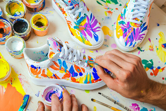 close-up of an artist&rsquo;s hands customizing white sneakers with vibrant abstract designs using a paintbrush and acrylic paints