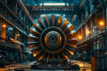 Obraz premium A large metallic turbine rotor inside a heavy industrial manufacturing plant. Warm ambient lighting highlights the intricate engineering and industrial atmosphere