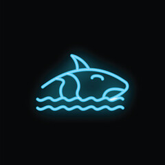 Blue neon sign of a shark swimming above stylized waves