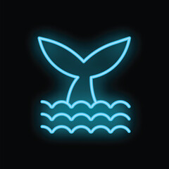 Neon mermaid tail emerging from water waves on black background