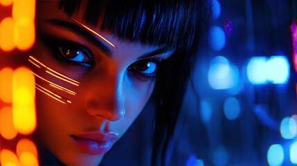 Cyberpunk Girl: Neon Lights and Intriguing Gaze