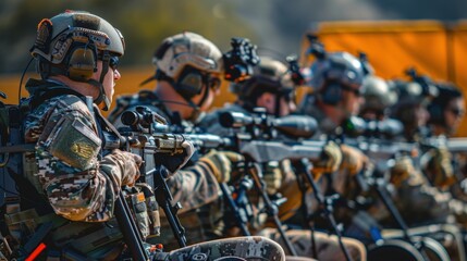 Fototapeta premium Para-shooter aiming at target, intense focus and concentration